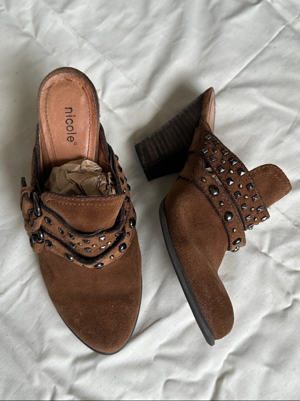Nicole Brown Suede Studded Buckle Mule Clogs